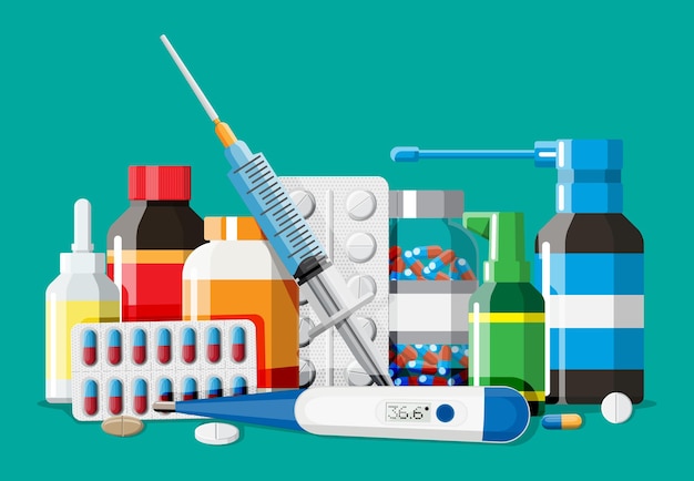 Vetor coleção de medicamentos. conjunto de frascos, comprimidos, pílulas, cápsulas e sprays.