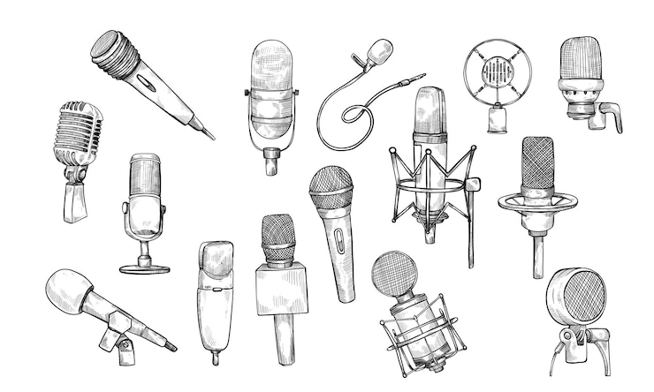 Vetor coleção de microfones desenhada à mão