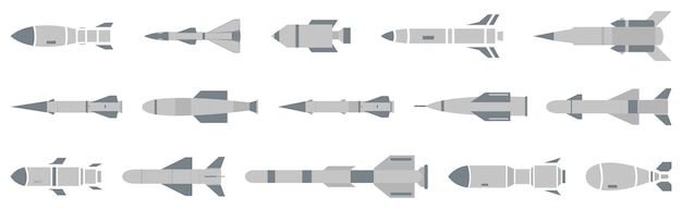 Coleção de mísseis de cruzeiro em um projeto plano conjunto de armas de foguete de combate diferentes tipos de mísseios isolados ícones de míssias de aeronaves de combate