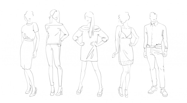 Coleção de moda de roupas conjunto de modelos vestindo roupas modernas esboço