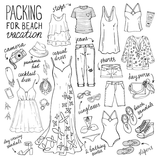 Coleção de moda para férias na praia Conjunto de roupas femininas