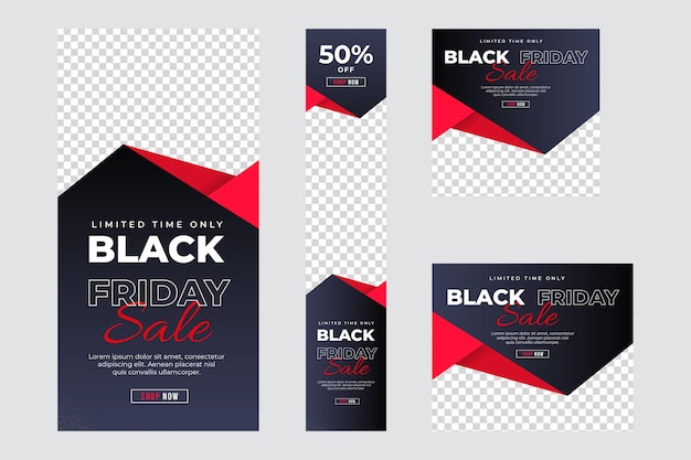 Coleção de modelo de banner de anúncio de sexta-feira negra. banner da web de vários tamanhos para a black friday. faixa vermelha preta. conjunto de modelo de web de design de folheto abstrato. anúncios de capa de mídia social, panfletos, panfleto de vendas da black friday.