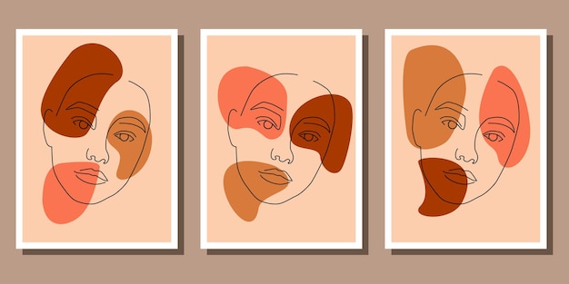 Coleção de modelo de cartaz boho de rosto de retrato de linha contemporânea abstrata