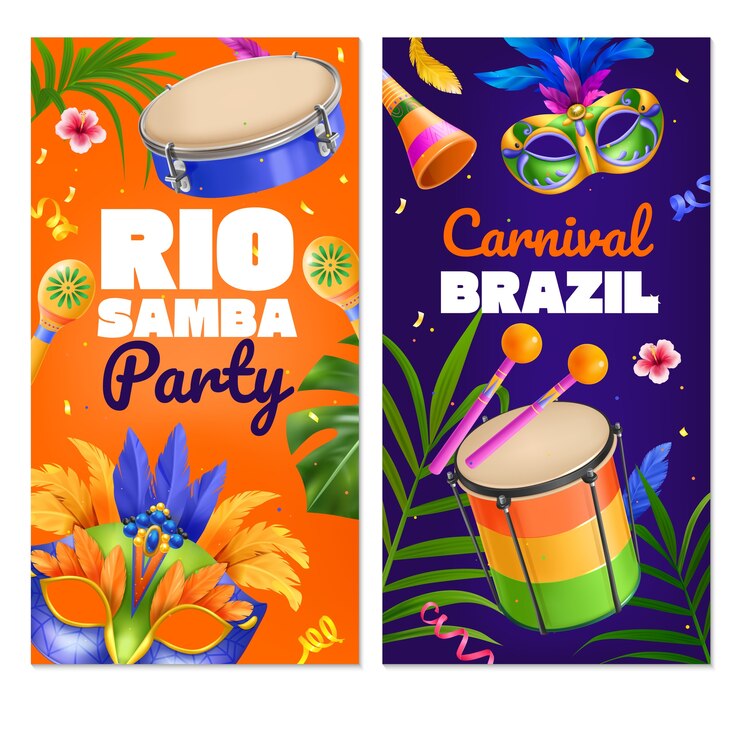 Vetor coleção de modelos de bandeiras verticais de carnaval brasileiro realistas com folhas tropicais e instrumentos musicais