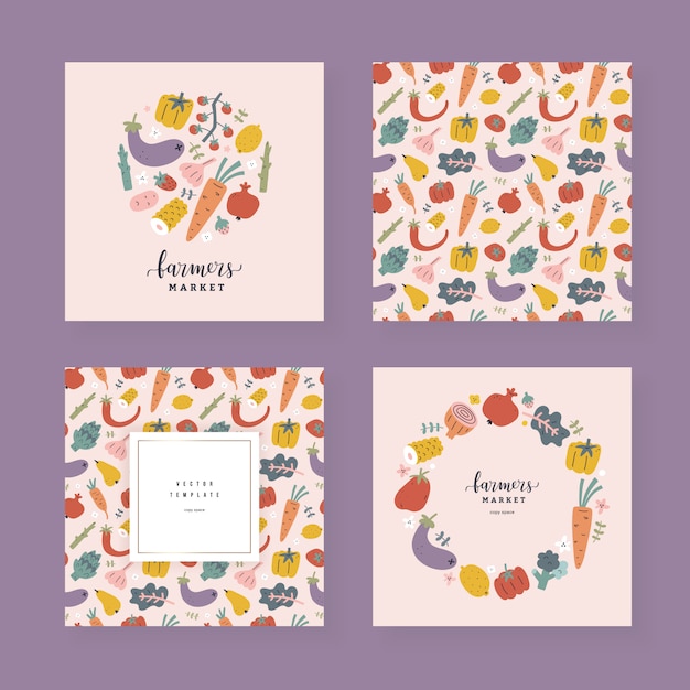 Coleção de modelos de frutas e vegetais com espaço de cópia, quadros decorativos com ilustrações de mão desenhada