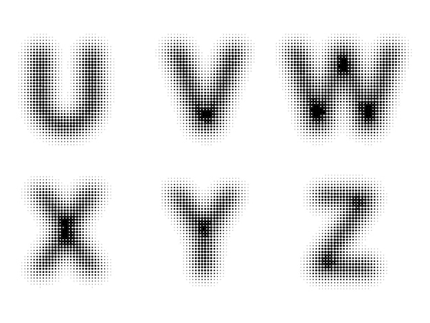 Vetor coleção de modelos de letras uvwxyz de meio-tom gradiente design de pontos pontos pretos isolados