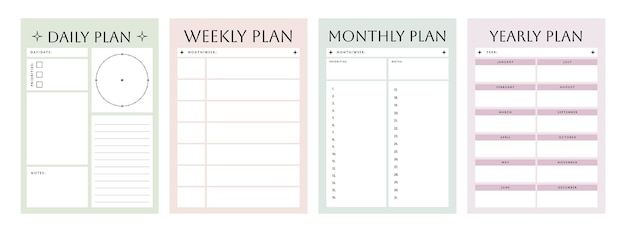 Vetor coleção de modelos imprimíveis com planejador semanal, planejador mensal, planejador anual, rastreador de hábitos