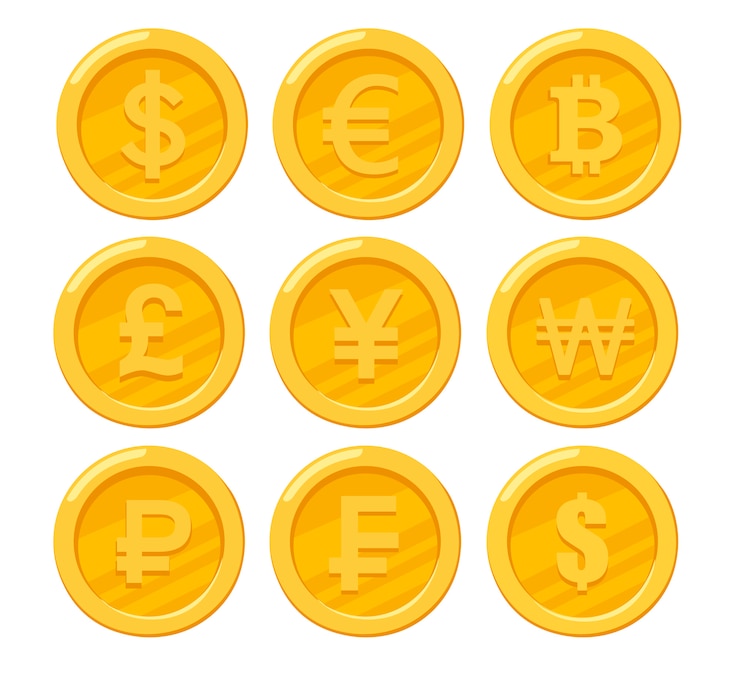Vetor coleção de moedas de ouro. dólar, euro, rublo, bitcoin, iene. nove ícones de moedas. ilustração em fundo branco