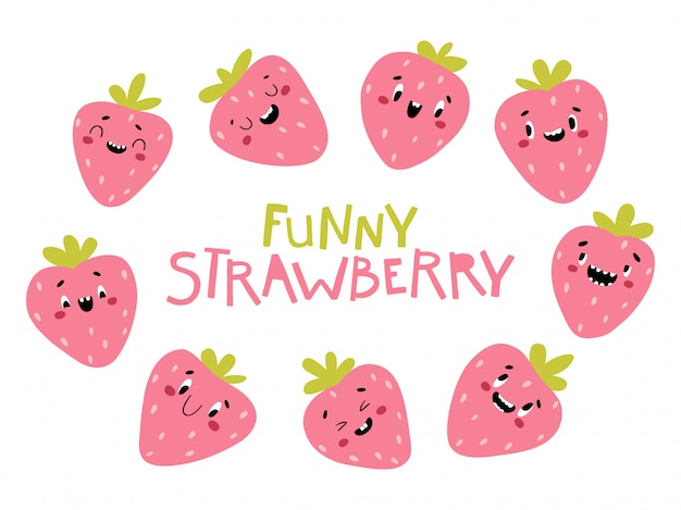 Coleção de morango berry. personagens engraçados com carinhas felizes. ilustração dos desenhos animados em estilo escandinavo simples desenhado à mão. ideal para imprimir produtos para bebês