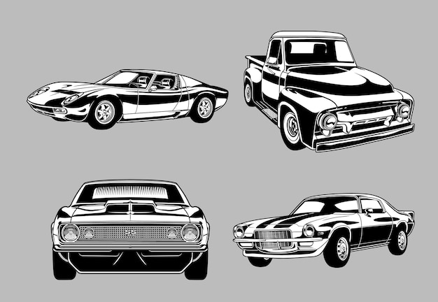 Coleção de muscle cars antigos e clássicos em carros monocromáticos estilo retro