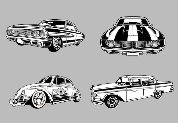 Coleção de muscle cars antigos e clássicos em carros monocromáticos estilo retro