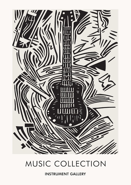 Coleção de música ilustração em linogravura arte de guitarra