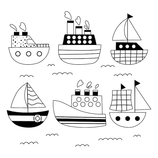 Coleção de navios de doodle desenhados à mão