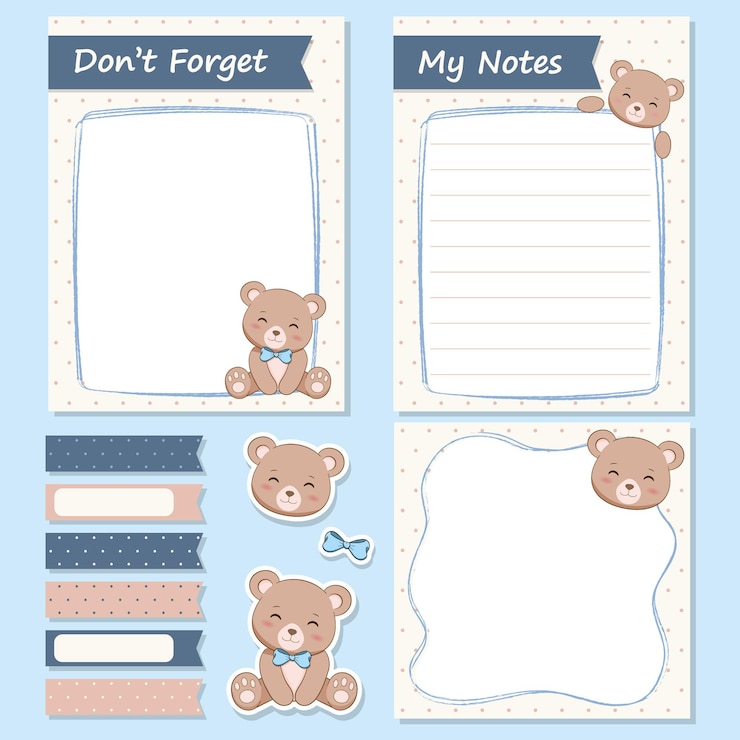 Coleção de notas e adesivos de urso fofo