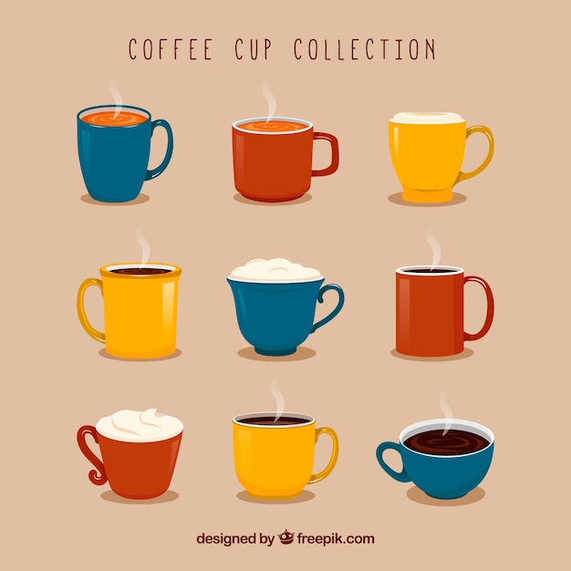 Coleção de nove copos de café coloridos