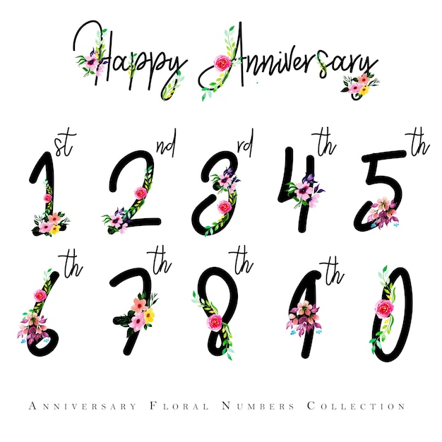 Coleção de números de aniversários felizes florais de aquarela