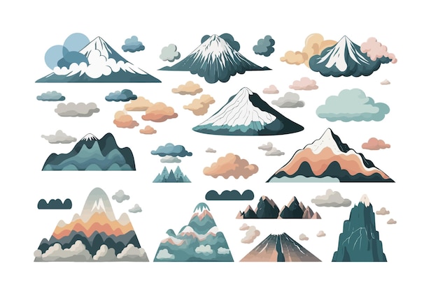 Coleção de nuvens e montanhas Flat Vector ilustração
