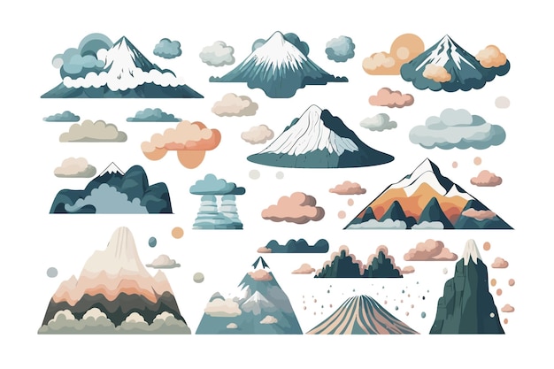 Coleção de nuvens e montanhas Flat Vector ilustração