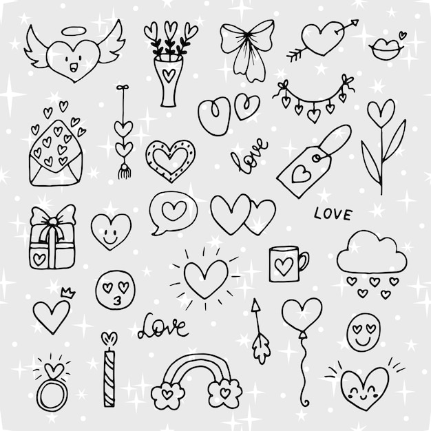 Coleção de objetos e símbolos românticos Data de casamento de amor Valentino Linha de estilo de esboço desenhado à mão