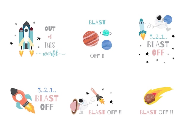 Coleção de objetos espaciais com astronauta, sol, lua, estrela, foguete. Ilustração em vetor editável para site, convite, cartão postal e adesivo