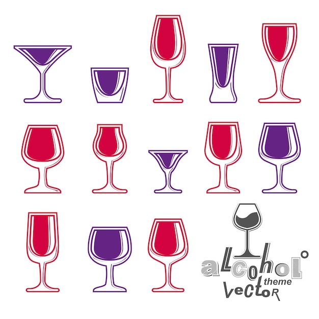 Coleção de óculos de vetor - martini, copo de vinho, conhaque, uísque e champanhe. idéia de celebração eps8 ilustrações simples isoladas no fundo branco. elementos de design de salão.