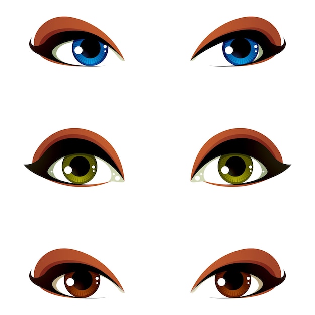 Coleção de olhos femininos vetoriais em emoção diferente com íris de olho azul, marrom e verde. olhos de mulheres com maquiagem elegante, isolado no fundo branco.