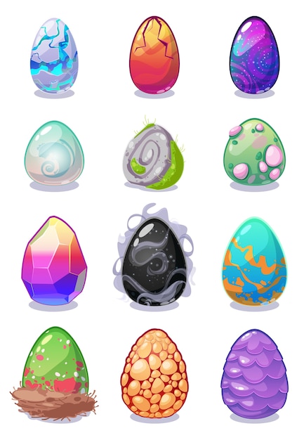 Coleção de ovos coloridos de dragão mágico para design de jogos.