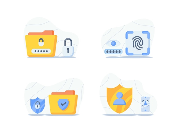Vetor coleção de pacotes de conjunto de ícones de conceito de segurança de internet com arquivo de pasta de senha bloqueada e impressão digital para ilustração vetorial de acesso à privacidade