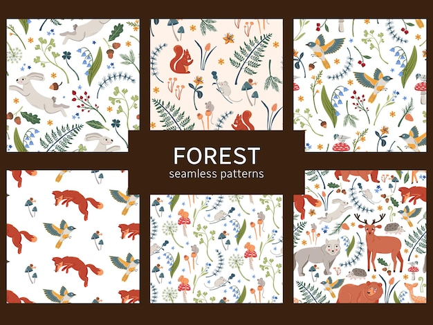 Coleção de padrões perfeitos de animais da floresta bonito fundos vetoriais desenhados à mão da floresta
