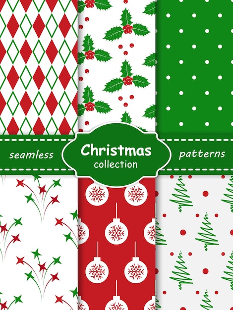 Coleção de padrões sem costura vermelhos e verdes de Natal