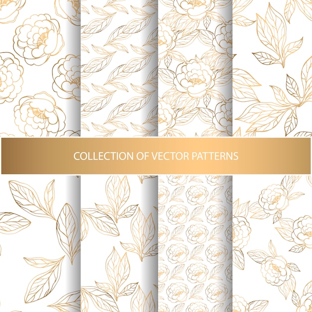 Coleção de padrões sem emenda com elementos florais dourados