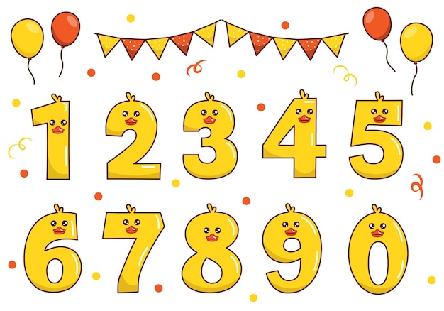 Coleção de pato amarelo bonito com numeração para ornamento de educação infantil de festa de aniversário fonte engraçada