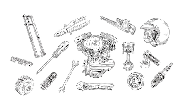 Vetor coleção de peças de motocicleta desenhadas à mão