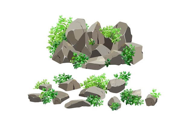 Coleção de pedras de várias formas e plantas para jogos de computador isoladas em fundo branco Seixos costeiros pedrinhascascalhominerais e formações geológicasFragmentos de rochapedregulhos