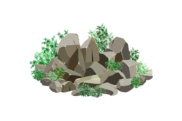 Coleção de pedras de várias formas e plantas para jogos de computador isoladas em fundo branco Seixos costeiros pedrinhascascalhominerais e formações geológicasFragmentos de rochapedregulhos