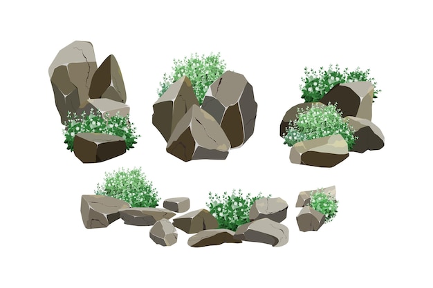 Coleção de pedras de várias formas e plantas para jogos de computador isoladas em fundo branco Seixos costeiros pedrinhascascalhominerais e formações geológicasFragmentos de rochapedregulhos