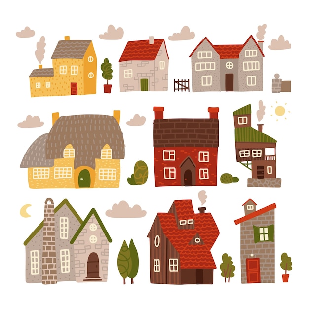 Coleção de pequenas casas coloridas com elementos da natureza. Conjunto lar doce lar.