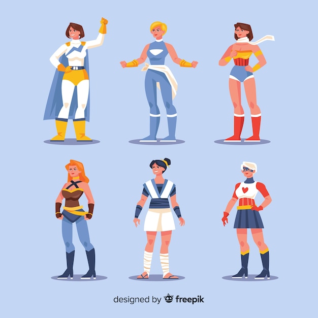 Coleção de personagem de super-herói feminino com design liso