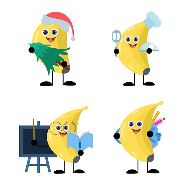 Coleção de personagens bonitos de desenhos animados de bananas perfeitos para adesivos de logotipos e muito mais