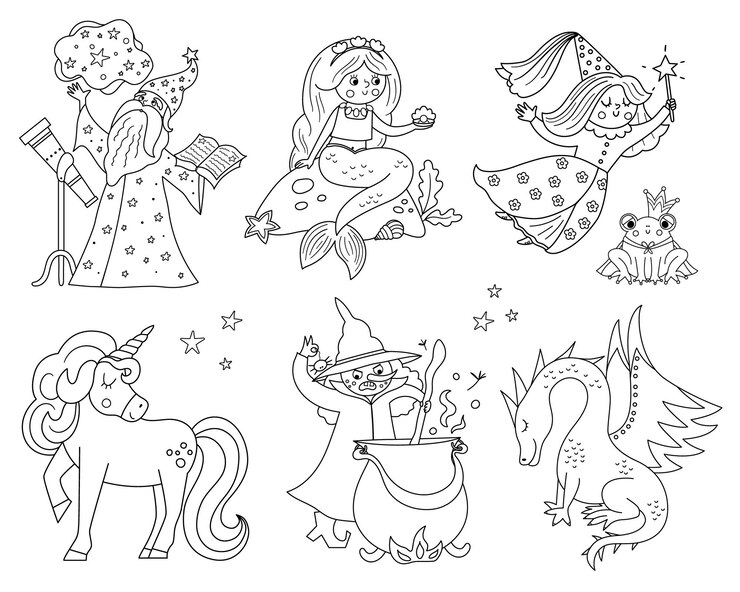 Vetor coleção de personagens de conto de fadas em preto e branco linha de vetor definida com fantasia bruxa unicórnio dragão fada mágico sereia sapo príncipe pacote de castelo medieval de conto de fadas ícones mágicos dos desenhos animados para criançasxa