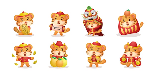 Coleção de personagens de desenhos animados bonitos da celebração do ano novo chinês do zodíaco do tigre