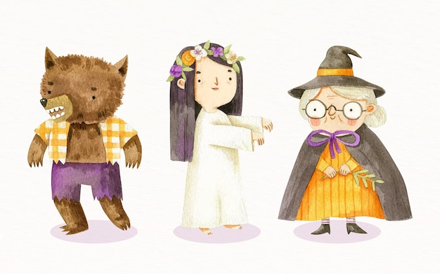 Coleção de personagens de halloween em aquarela