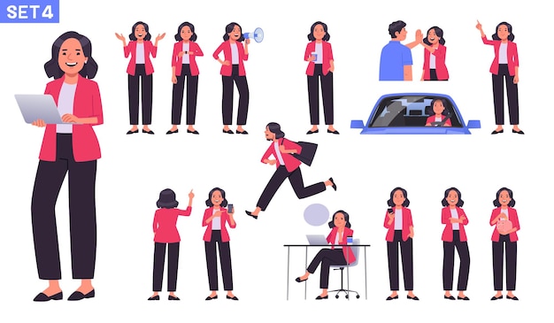 Coleção de personagens de mulheres de negócios diferentes poses de ações dirige carro _ai_generated