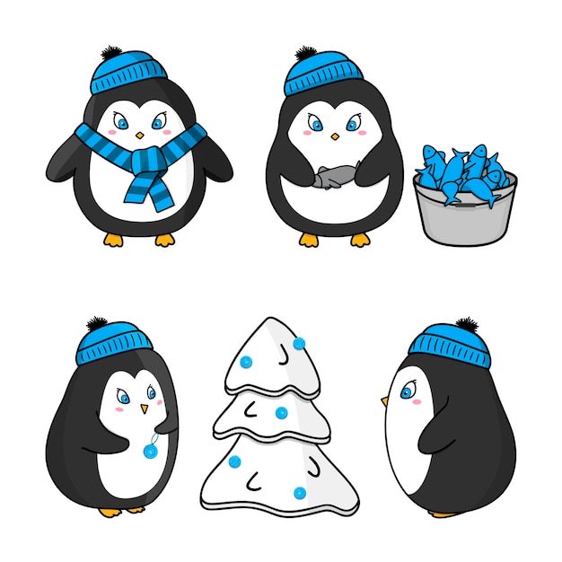 Coleção de personagens de pinguim de desenho animado com peixes e árvore de natal