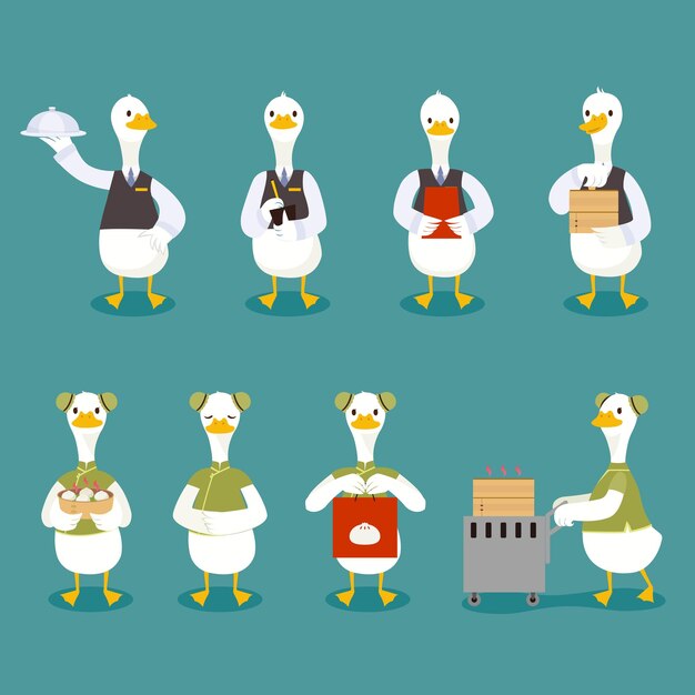 Vetor coleção de personagens do cute duck waitstaff