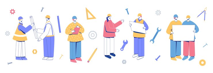 Coleção de personagens do engenheiro. Pessoas com capacetes com desenhos nas mãos.