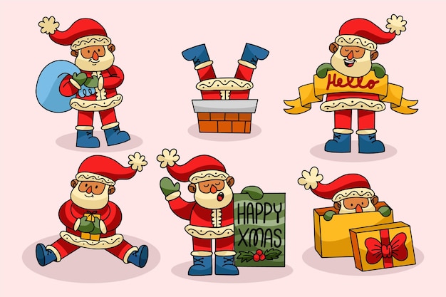 Coleção de personagens do papai noel desenhada à mão