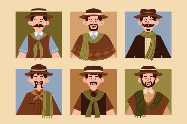 Vetor coleção de personagens gaúchos desenhada à mão