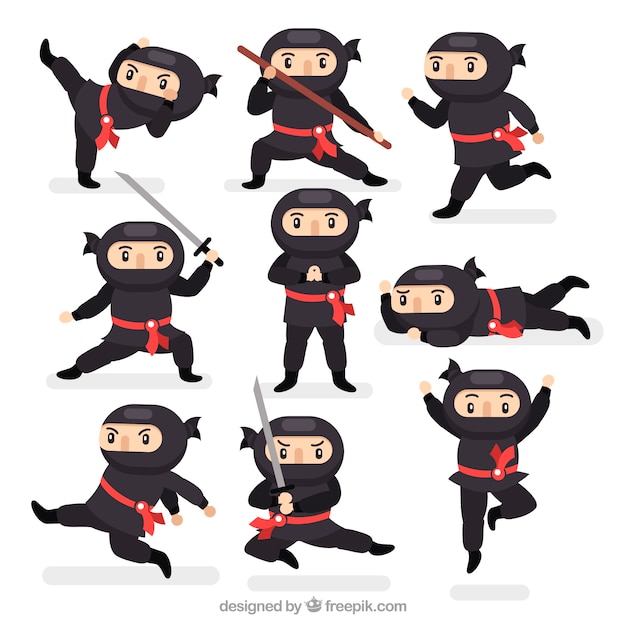 Coleção de personagens plana ninja em poses diferentes