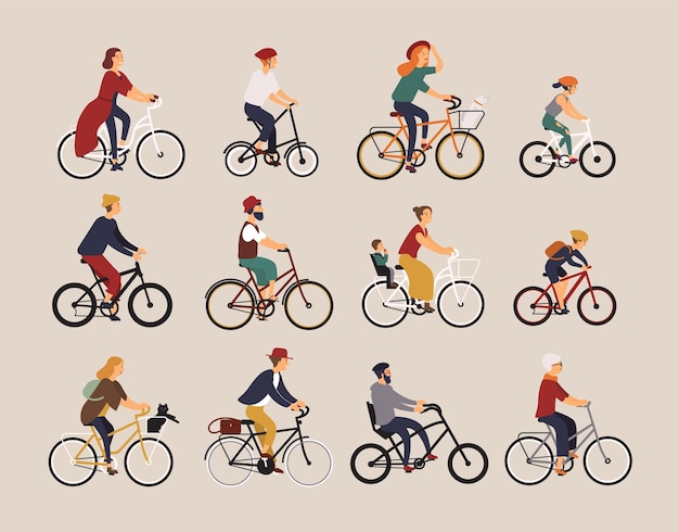 Conjunto de bicicleta. caricatura, jogo, de, bicicleta